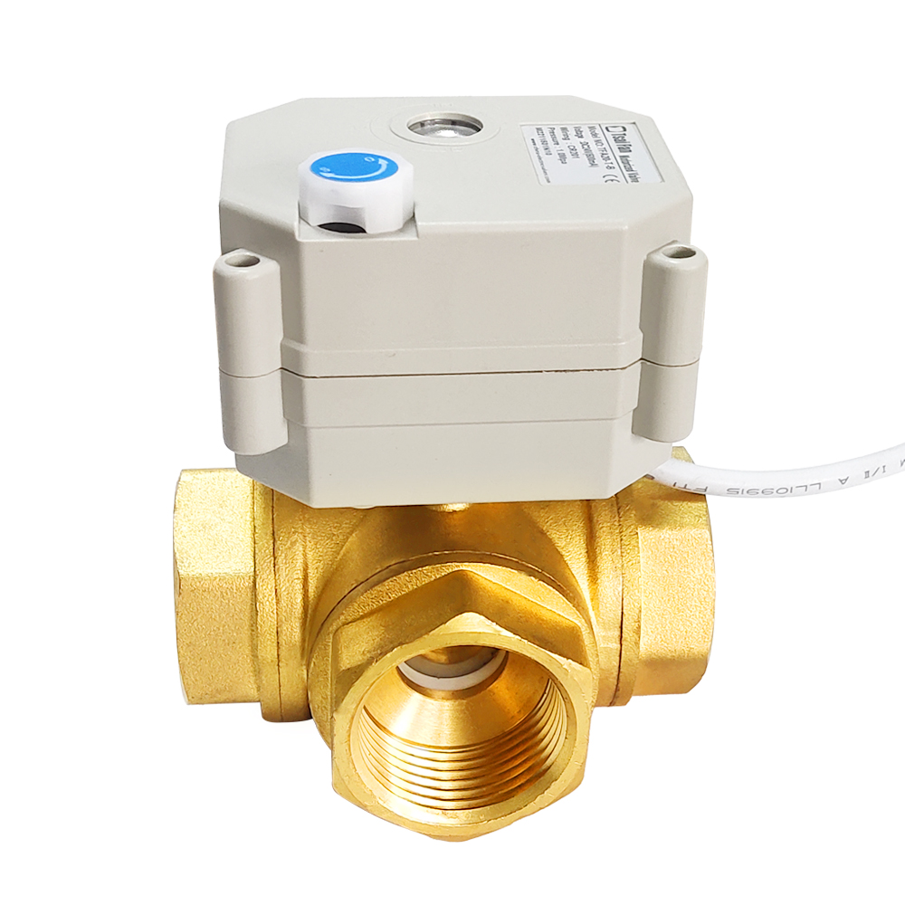 电动球阀铜三通,T型/L型电动铜三通阀门带手动带位置反馈，DC5V/12V/24V/220V微型电动阀DN8到DN32,BSP螺纹或NPT螺纹